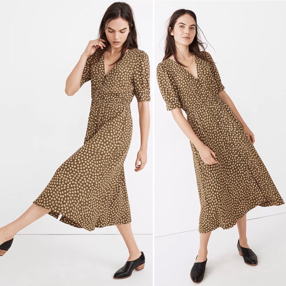 Madewell Button-Cuff Midi Dress in Woodcut Flowers Size 14